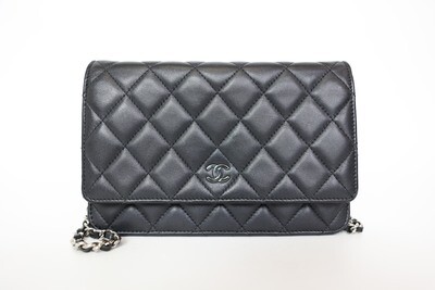 Chanel Wallet on Chain, Black Lambskin with Silver Hardware, Preowned in Box No Dustbag WA001