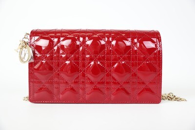 Christian Dior Lady Dior Chain Convertible Long Clutch, Red Cannage Quilt Patent With Gold Hardware, New In Dustbag WA001