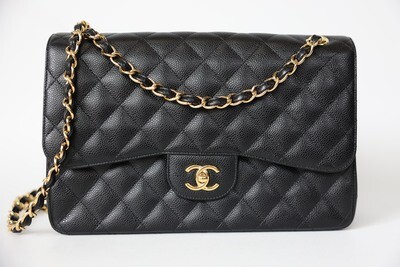 Chanel Classic Double Flap Jumbo, Black Caviar Leather With Gold Hardware, Preowned In Box WA001