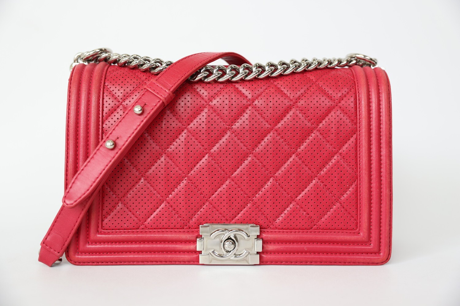 Chanel Boy Flap New Medium, Red Quilted Perforated Lambskin With Silver Hardware, Preowned In Box WA001