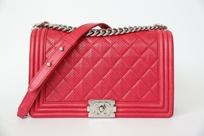Chanel Boy Flap New Medium, Red Quilted Perforated Lambskin With Gold Hardware, Preowned In Box WA001
