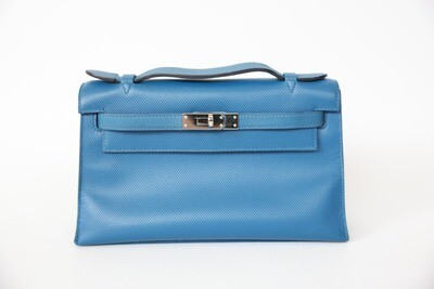 Hermes Kelly Pochette, Blue Leather With Palladium Hardware, Preowned In Box WA001