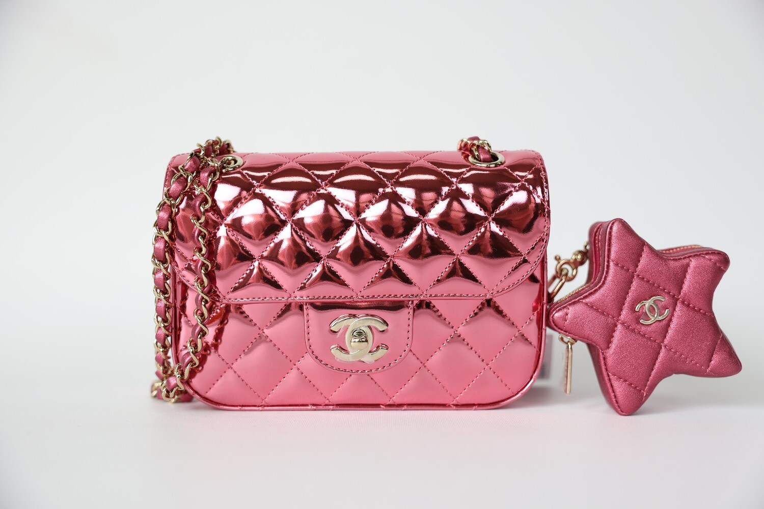 Chanel 24C Rectangle Flap Mini, Pink Mirror Patent With Star Coin Purse And Gold Hardware, New In Box WA001