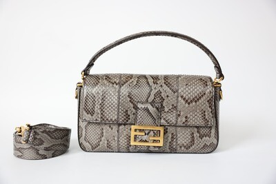Fendi Baguette Bag, Grey Python With Gold Hardware, Preowned In Box WA001