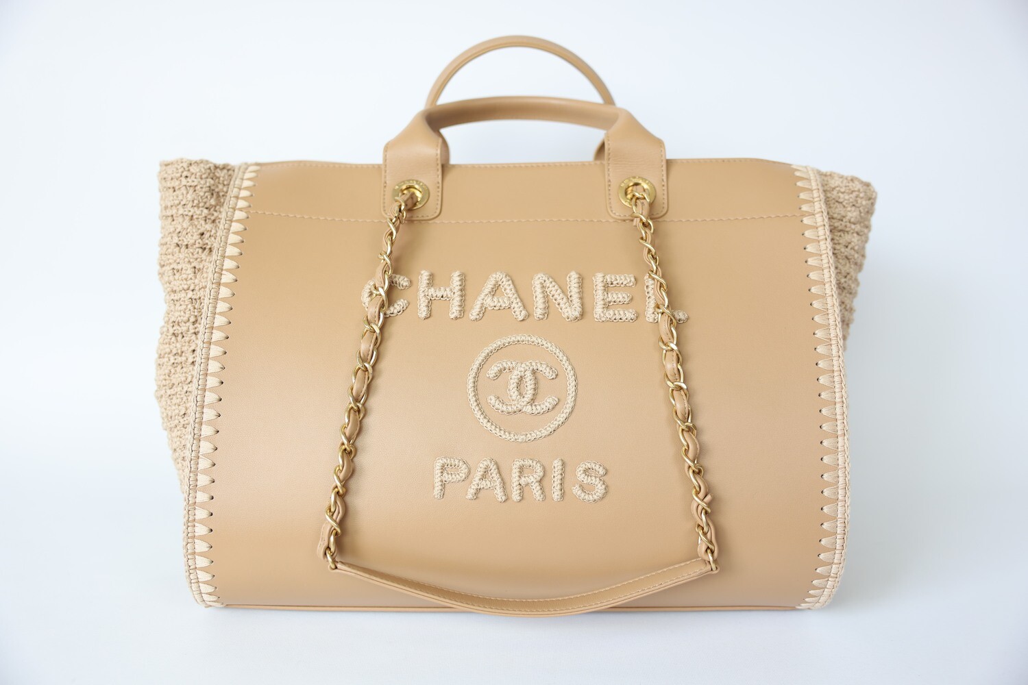 Chanel Deauville Large, Tan Leather and Woven Fabric with Gold Hardware, Preowned in Box WA001