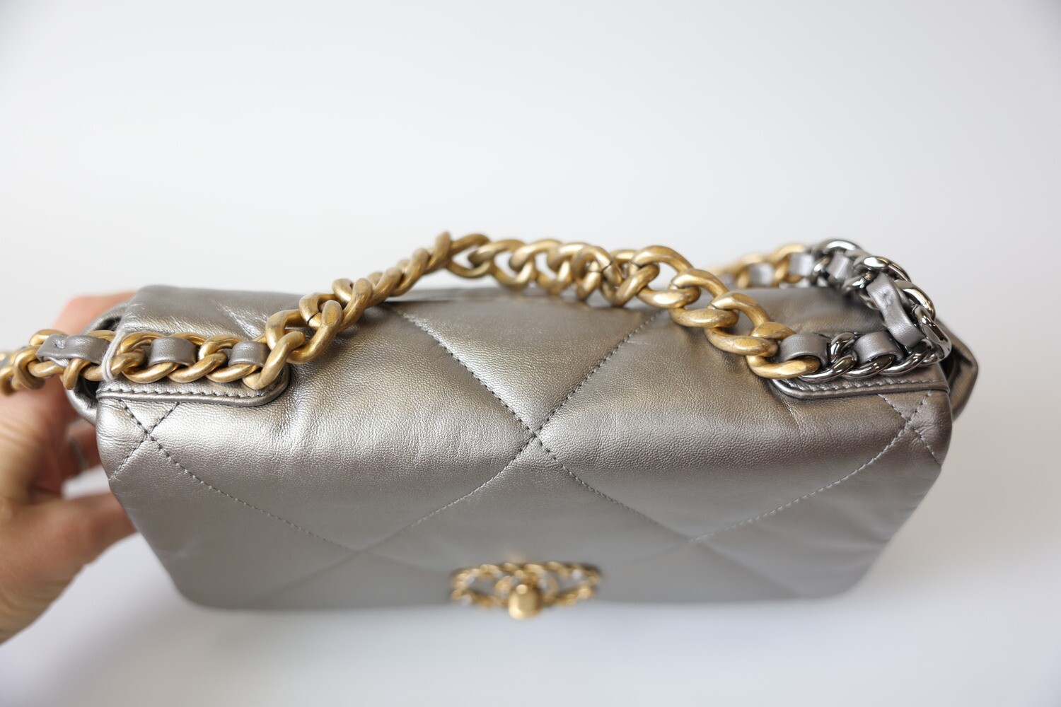 Chanel 19 Small, Metallic Silver Mixed Hardware, Preowned No Dustbag WA001 Chanel 19 Small, Metallic Silver Mixed Hardware, Preowned No Dustbag WA001