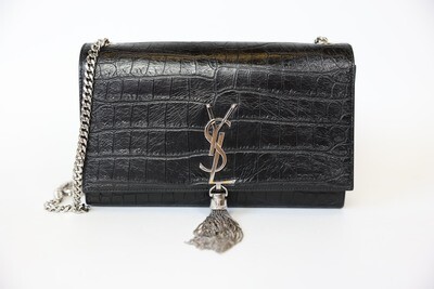 Saint Laurent Kate Tassel Small, Black Moc Croc with Silver Hardware, Preowned in Dustbag WA001