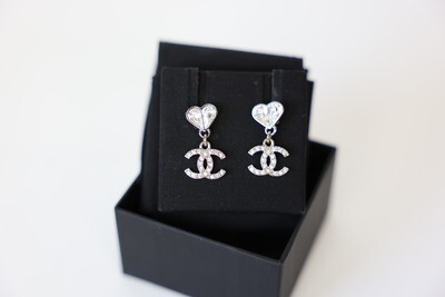 Chanel Earrings, Heart Crystal with Drop CC, Silver, Preowned in Box WA001