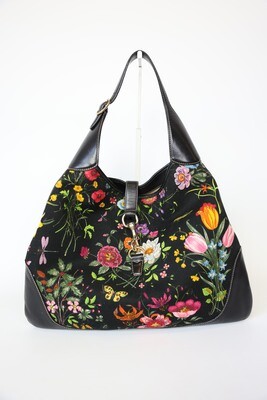 Gucci Jackie O Bouvier Hobo Large, Floral Canvas and Black Leather with Gold Hardware, Preowned in Dustbag WA001