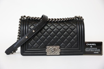 Chanel Boy Bag Old Medium, Black Quilted Lambskin, Preowned in Box WA001