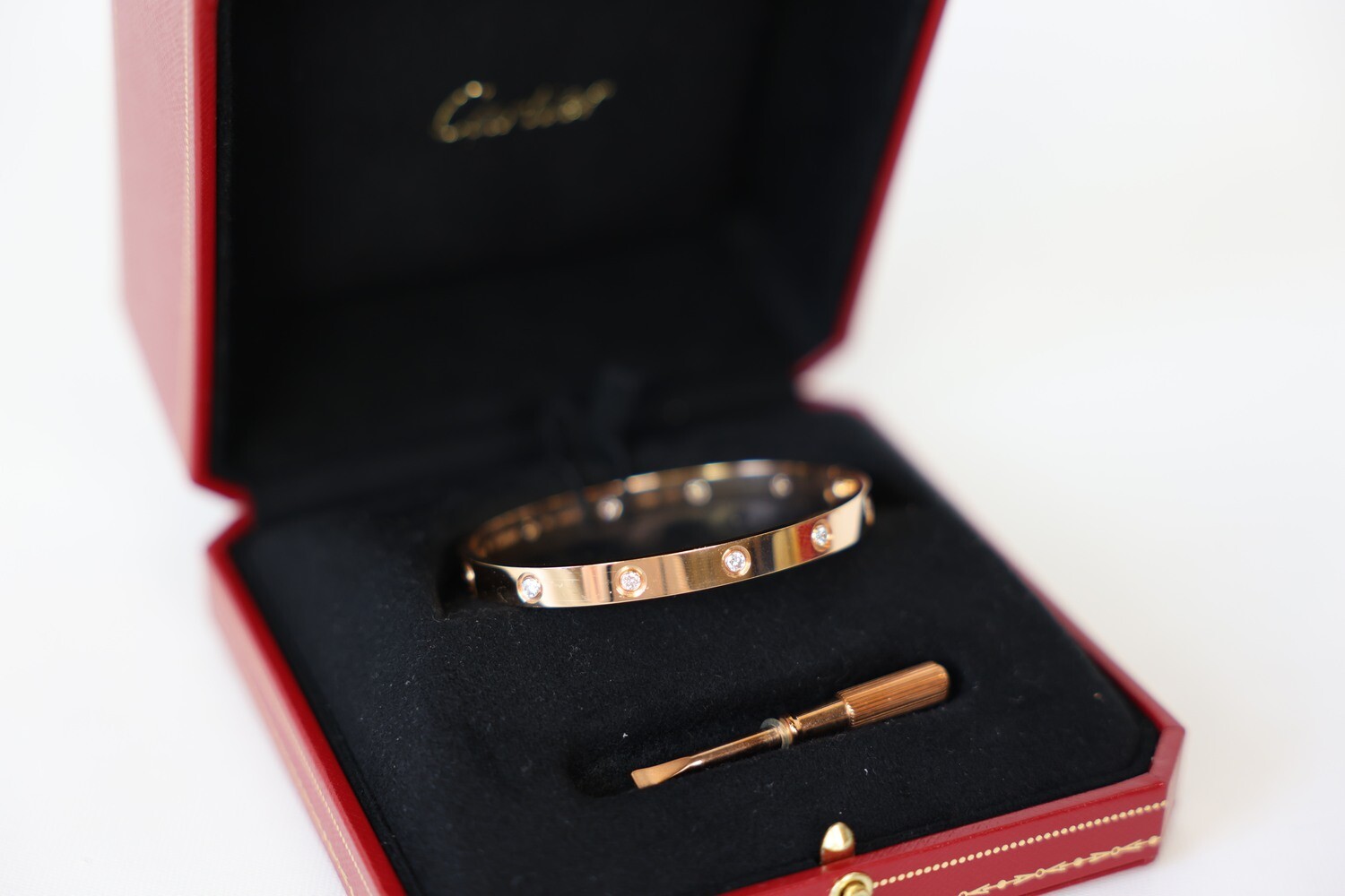 Cartier Love Bracelet, Rose Gold With 10 Diamonds Size 18, Preowned In Box WA001