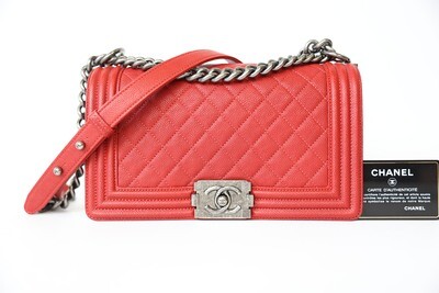 Chanel Boy Bag Old Medium, Red Caviar with Ruthenium Hardware, Preowned in Box WA001