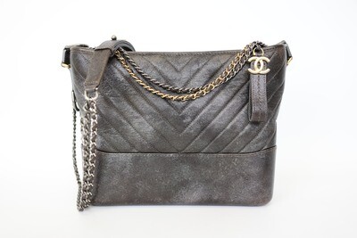 Chanel Gabrielle Hobo Medium, Gray Chevron Aged Calfskin With Mixed Hardware, Preowned In Dustbag WA001