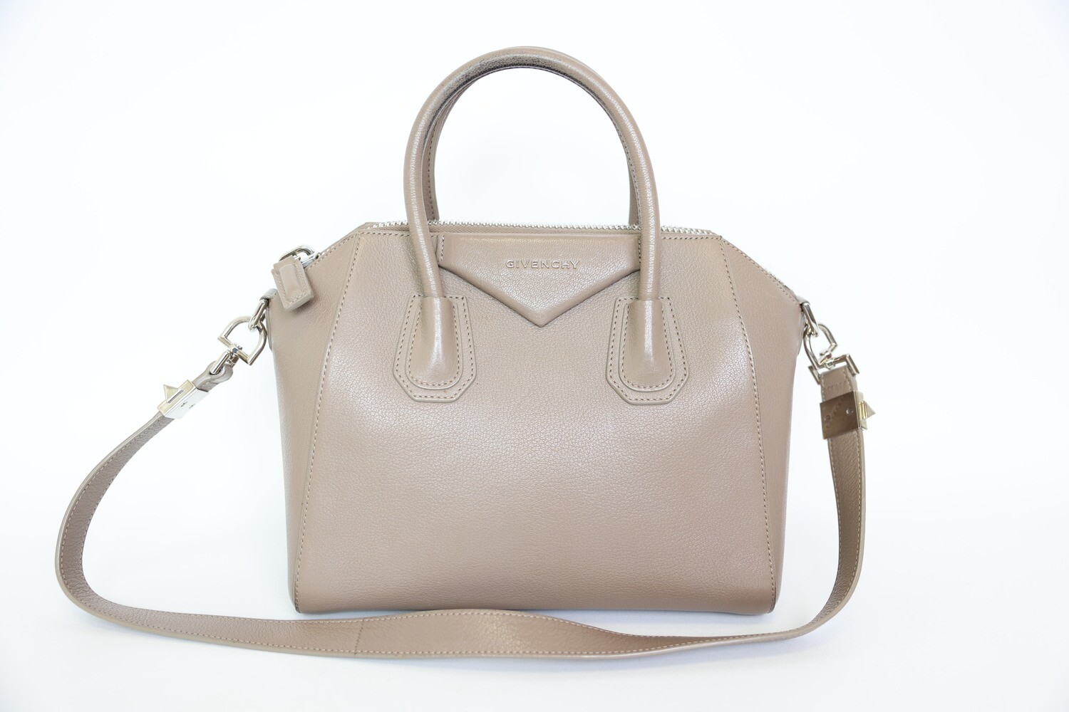 Givenchy Antigona Bag Small, Taupe Leather With Silver Hardware, Preowned In Dustbag WA001