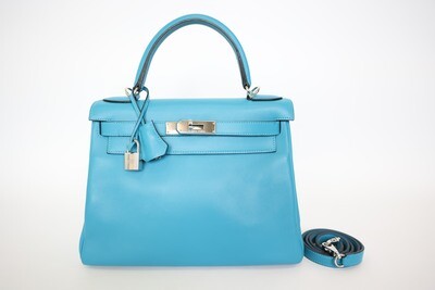 Hermes Kelly 28, Blue Swift Leather With Palladium Hardware, Preowned In Dustbag WA001