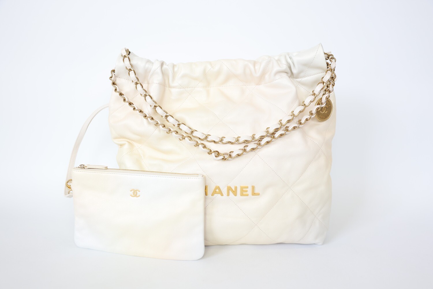 Chanel 22 Hobo Medium, White Iridescent Calfskin Leather With Gold Hardware, Preowned In Box WA001