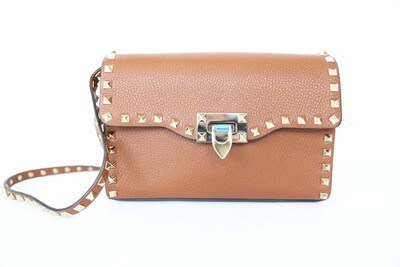 Valentino Rockstud Flap, Caramel Brown Leather With Gold Hardware, New In Dustbag WA001