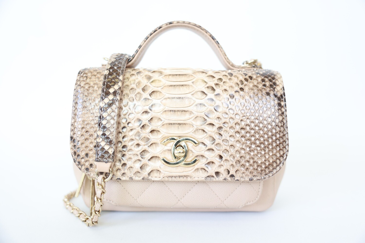 Chanel Business Affinity Flap Mini, Beige Python And Caviar Leather With Gold Hardware, Preowned In Dustbag WA001