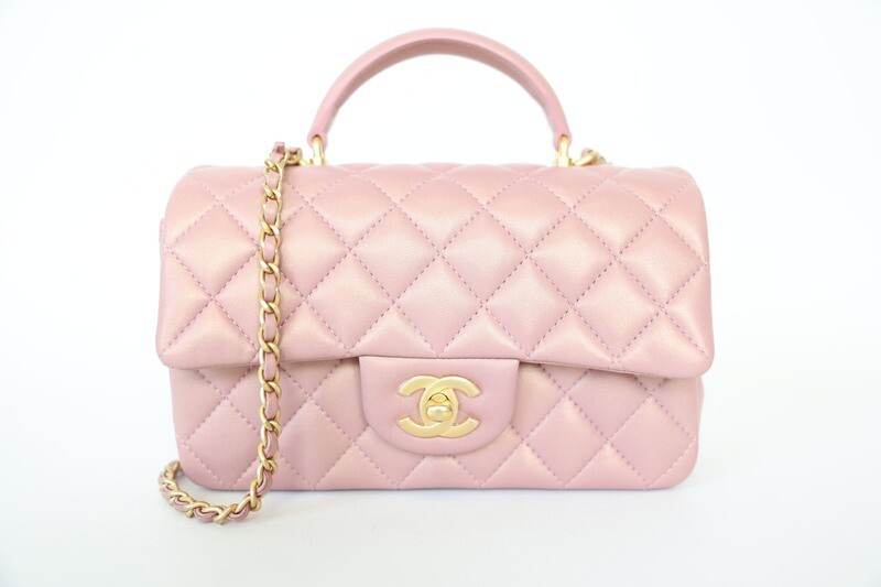 [CHANEL]★New MINI TOP HANDLE Handbag★Pink Chanel Dark Pink Lambskin Rectangular Mini Flap Bag Top