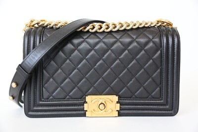 Chanel Boy Flap Medium, Black Leather With Gold Hardware, Preowned In Dustbag WA001