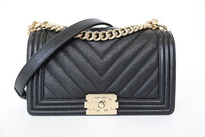 Chanel Boy Flap New Medium, Black Chevron Caviar Leather With Gold Hardware, Preowned In Box WA001