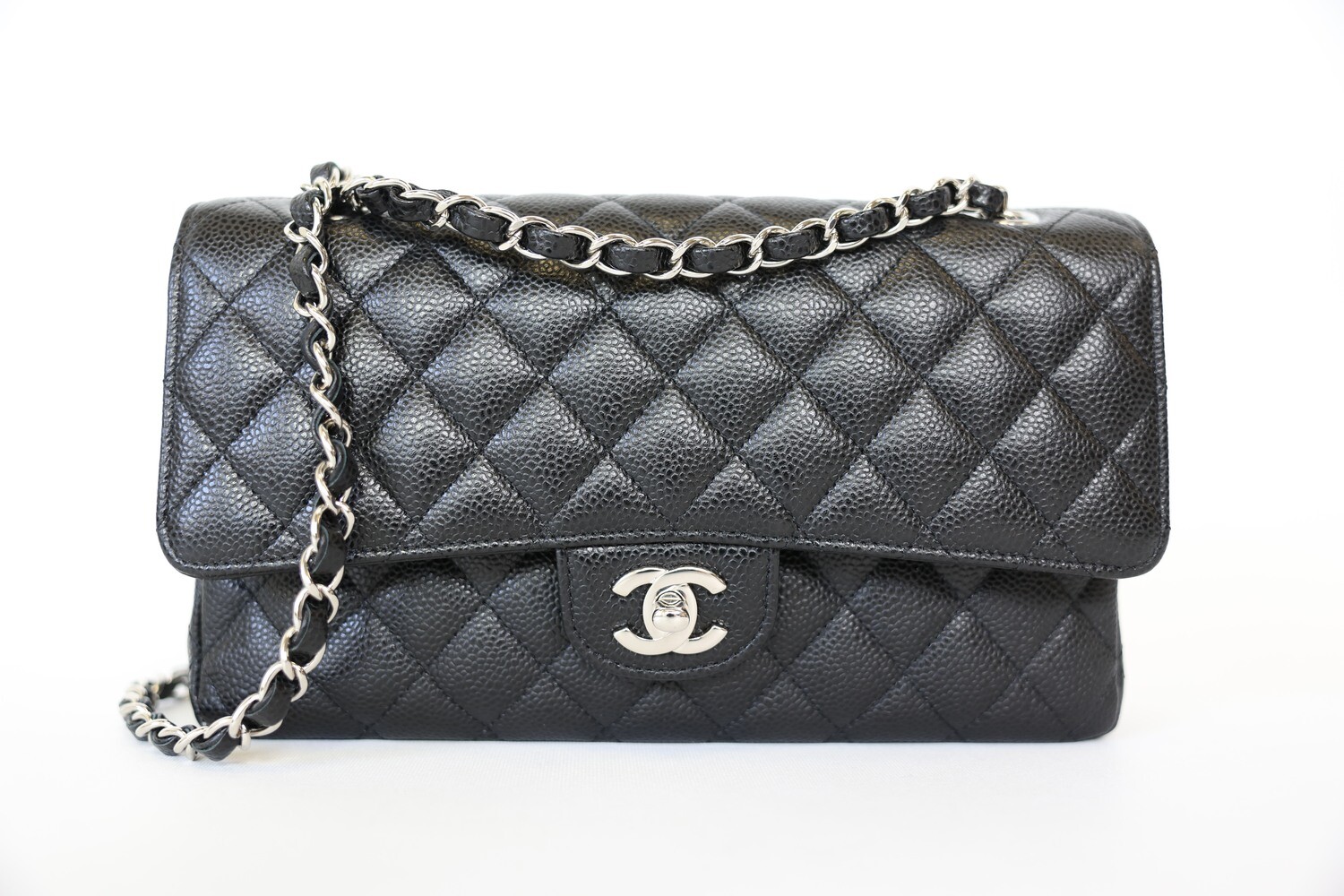 Chanel Classic Double Flap Medium, Black Caviar Leather With Silver Hardware, Preowned In Box WA001