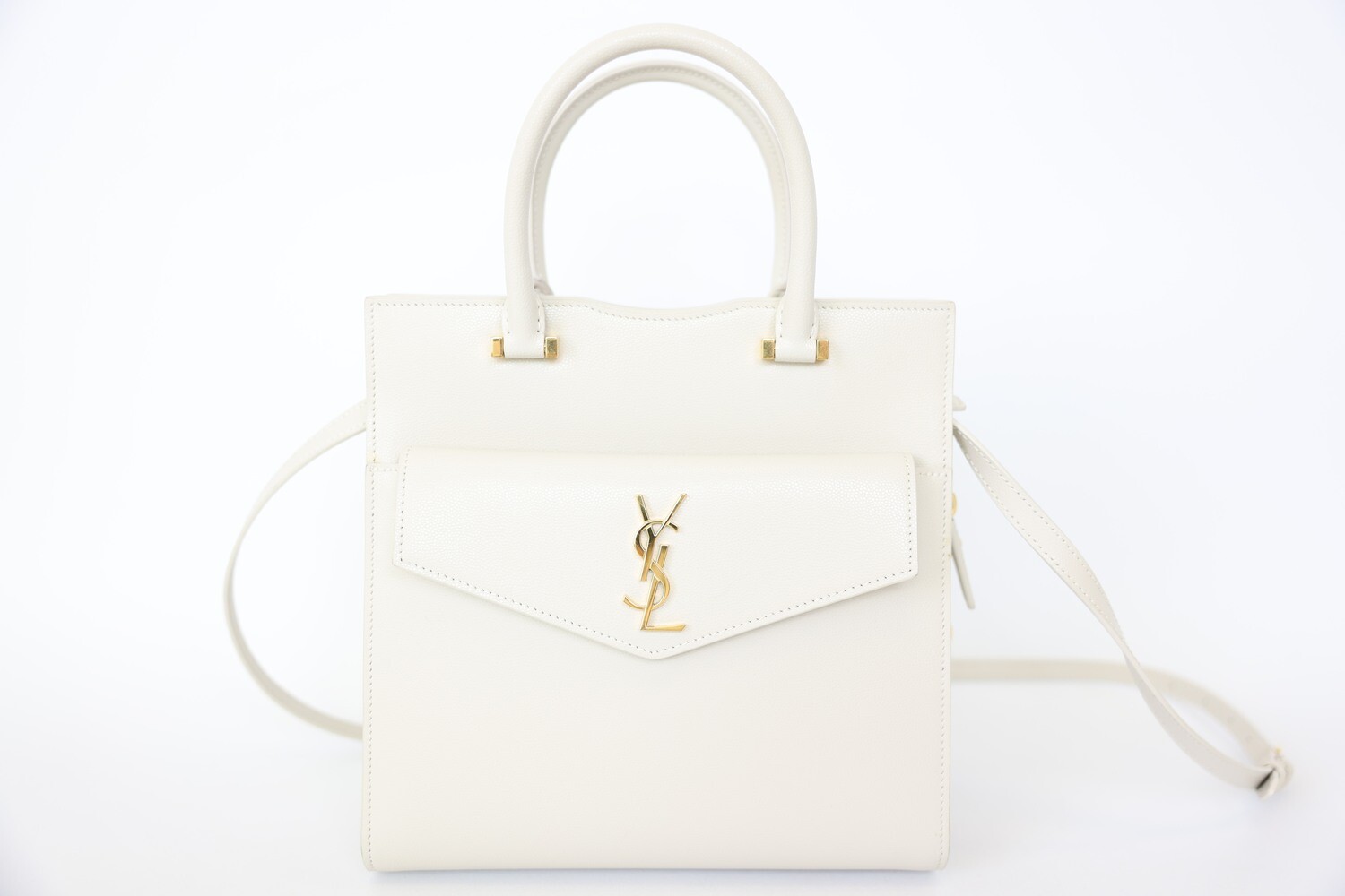 Saint Laurent Uptown Tote Small, White Leather With Gold Hardware, Preowned In Box WA001
