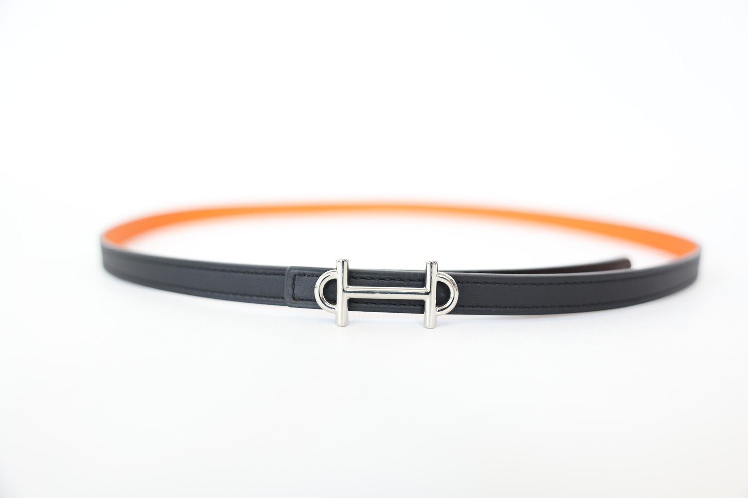 Hermes Gemma Belt, Reversible Black And Orange, Size 80 With Palladium Hardware, Preowned In Box WA001