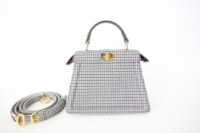 Fendi Peekaboo Bag Mini, Gray Houdstooth Fabric With Gold Hardware, Preowned In Dustbag WA001