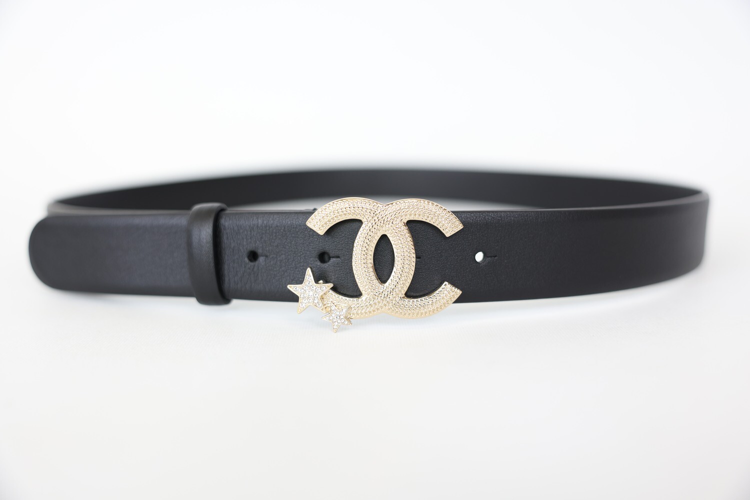 Chanel Belt, Black Leather CC With Two Stars, Size 90 New In Box WA001