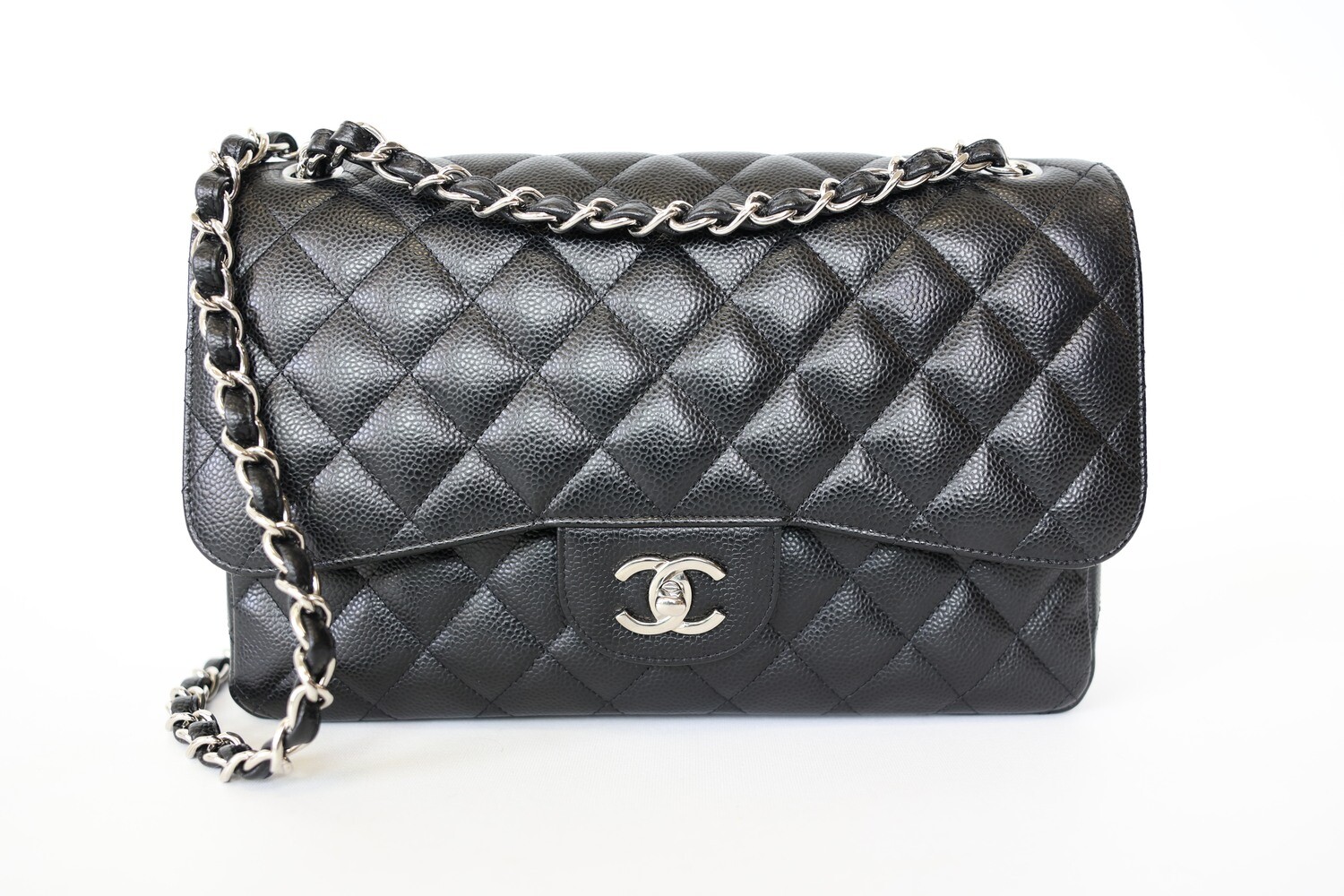 Chanel Classic Jumbo, Black Caviar with Silver Hardware, Preowned in Dustbag WA001