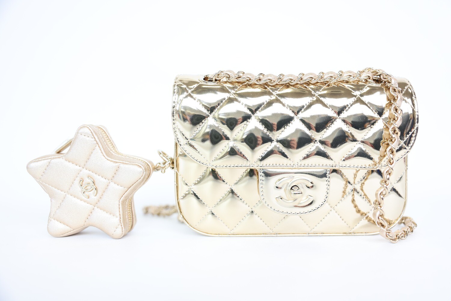 Chanel 24C Rectangle Flap Mini, Gold Mirror Patent With Star Coin Purse And Gold Hardware, New In Box WA001