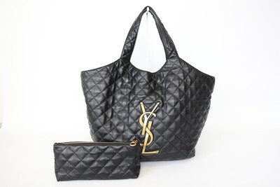 Saint Laurent Icare Shopping Tote Maxi, Black Quilted Leather With Gold Hardware, Preowned In Dustbag WA001