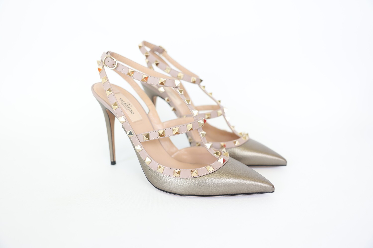 Valentino Rockstud Ankle Strap Heels, Size 41, Metallic Bronze, Preowned in Box WA001