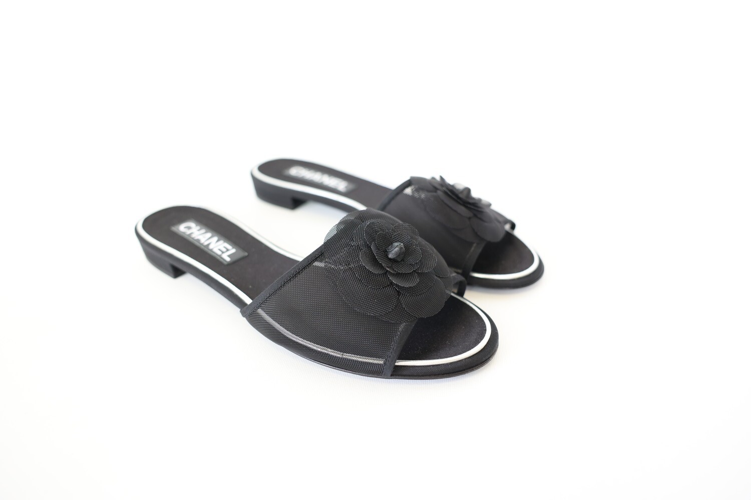 Chanel Mesh Camellia Slide Sandals, Black, Size 40, Preowned in Box WA001