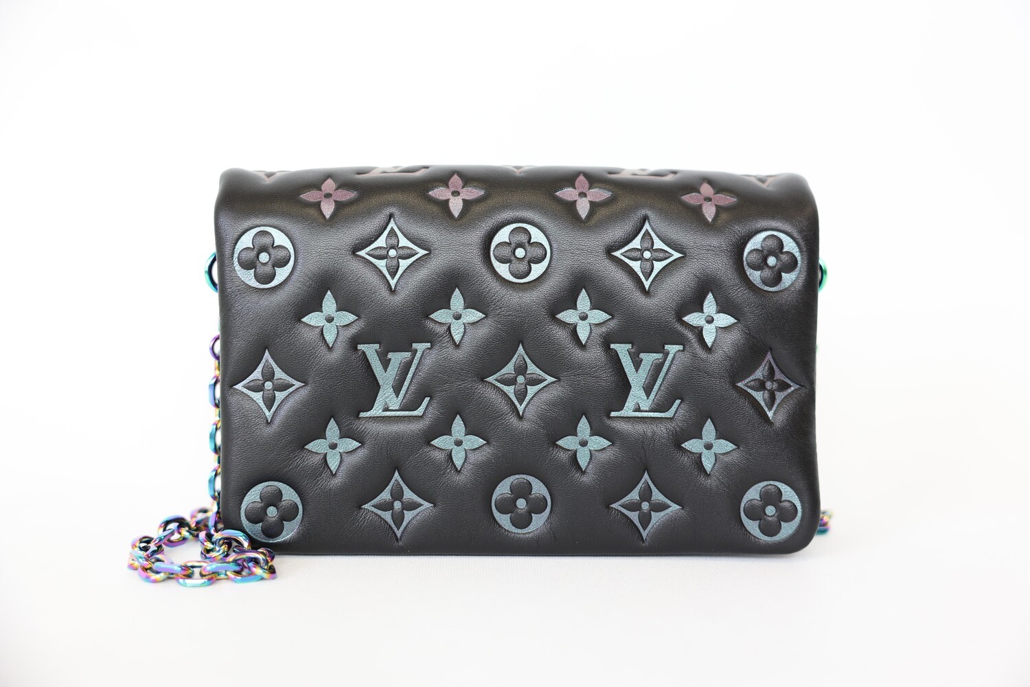 Louis Vuitton Coussin Pochette, Black Leather with Rainbow Hardware, Preowned in Box WA001
