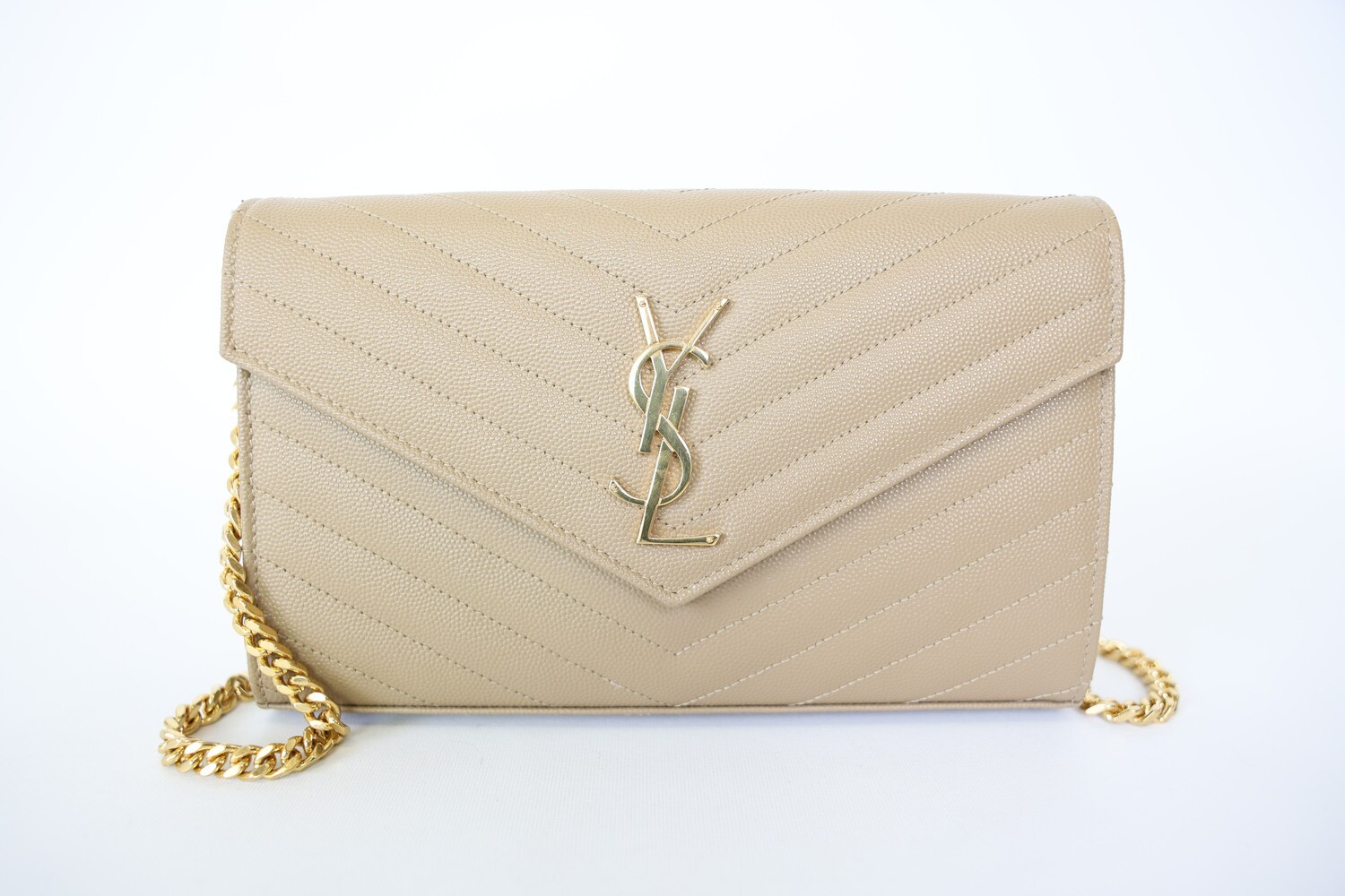 Saint Laurent Wallet on Chain, Beige with Gold Hardware, Preowned in Dustbag WA001
