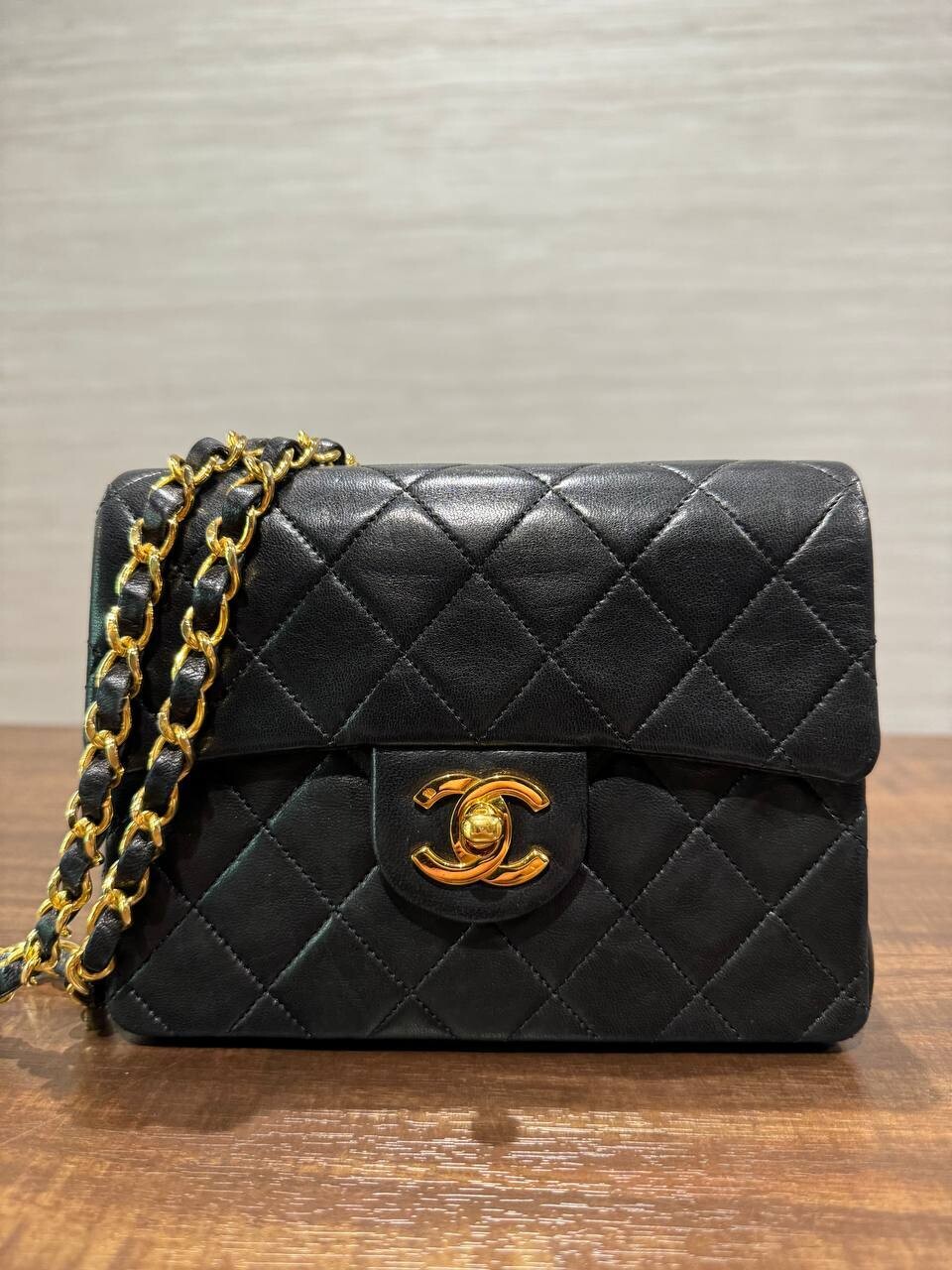 IGLIVE Chanel Vintage Mini Square, Black Lambskin Leather, Gold Hardware, 1 series with Card, Preowned No Dustbag 20240423