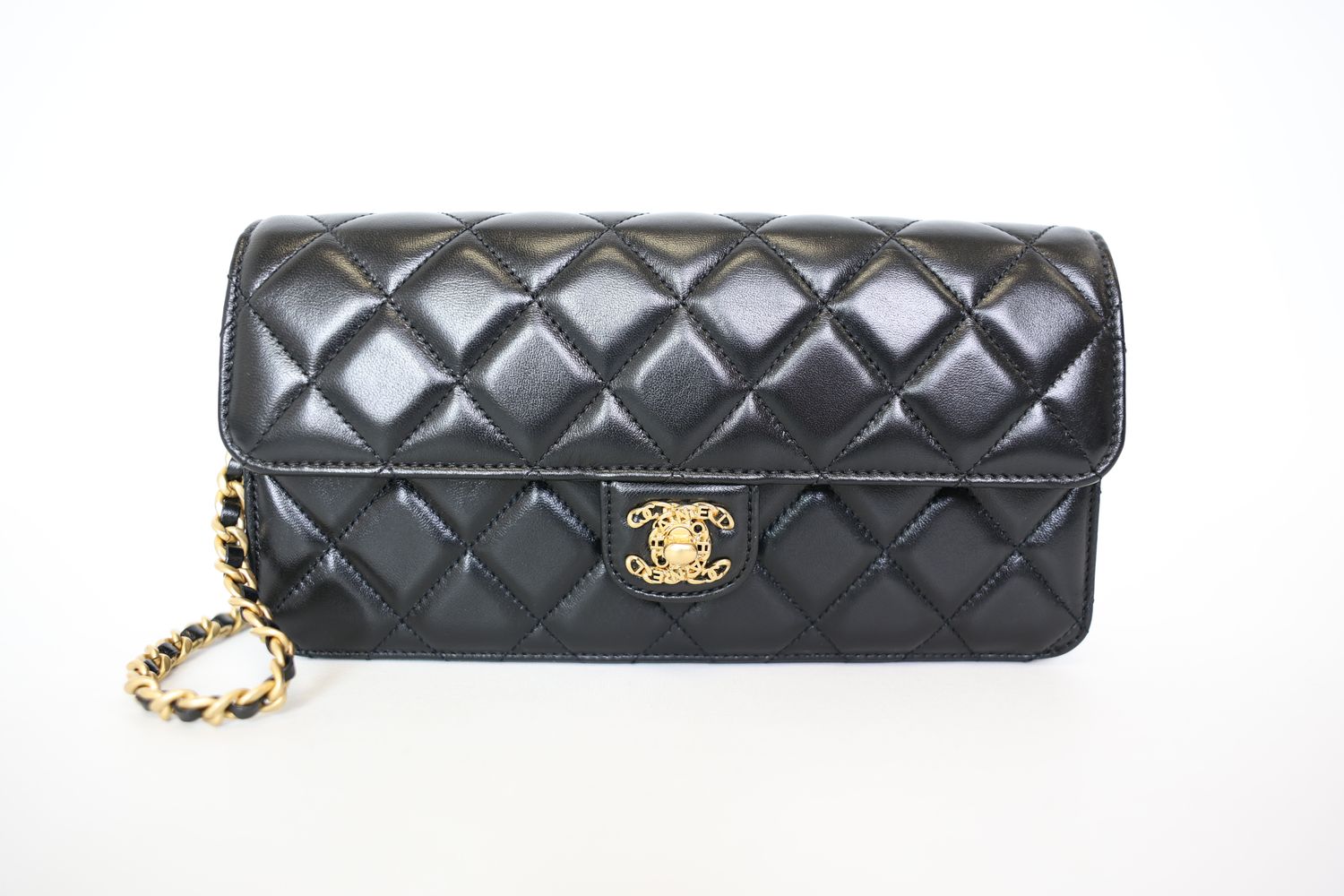 Chanel Flap Clutch, Black Lambskin Leather With Gold Hardware, Preowned In Box WA001
