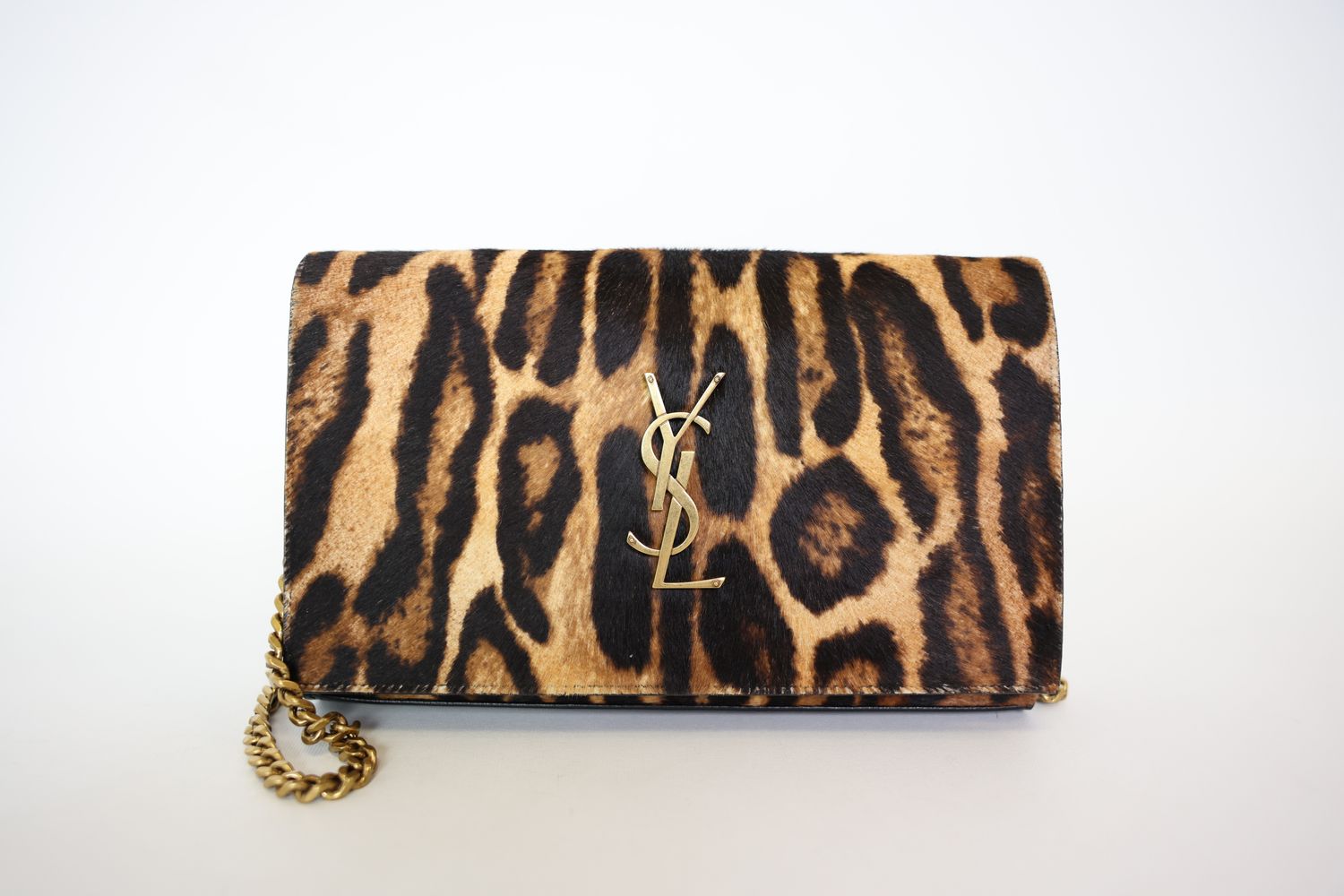 Saint Laurent Wallet On Chain, Leopard With Gold Hardware, Preowned In Box WA001