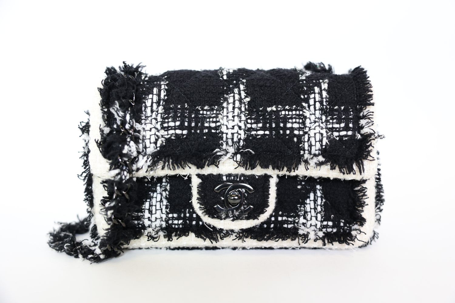 Chanel Mini Rectangular Flap, Black and White Tweed with Black Hardware, Preowned in Box WA001