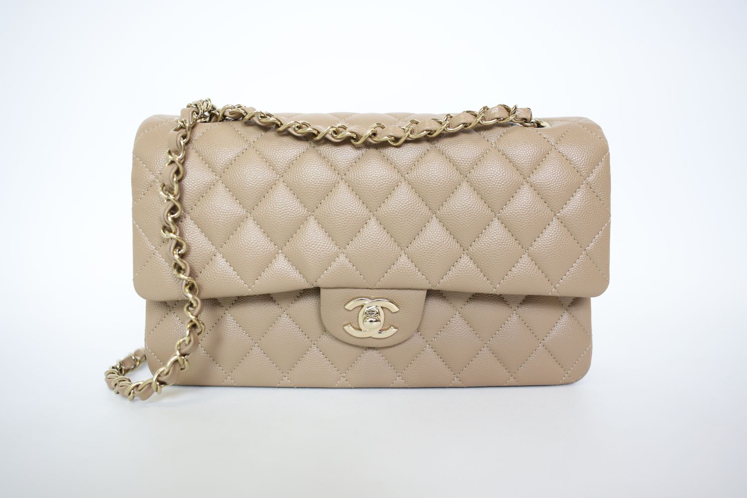 Chanel Classic Double Flap Medium, Dark Beige Caviar Leather With Gold Hardware, Preowned In Box WA001