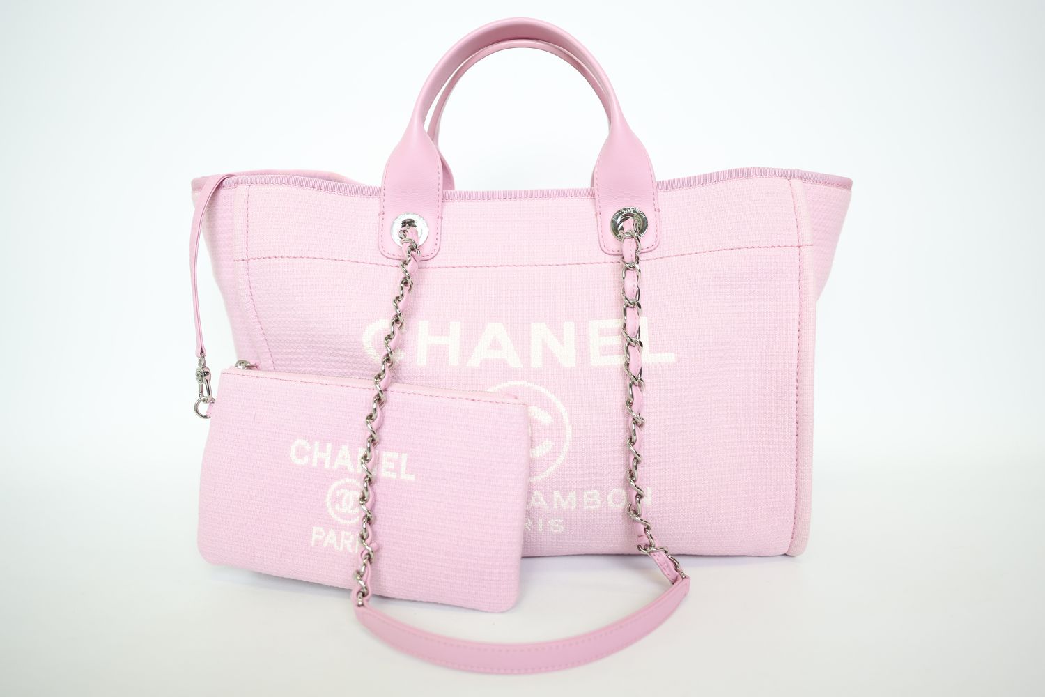 Chanel Deauville Tote Large, Pink with Silver Hardware, Preowned In Box WA001