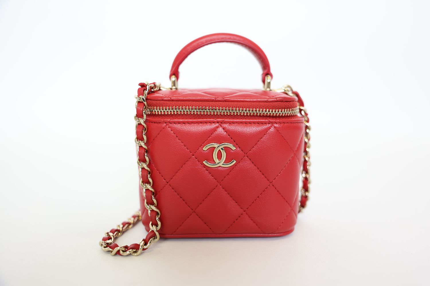 Chanel Top Handle Vanity Red Lambskin with Gold Hardware Preowned in Box WA001