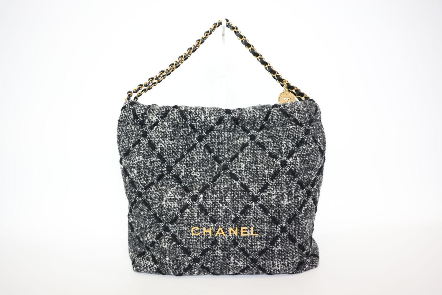 Chanel 22 Medium, Grey Tweed With Gold Hardware, Preowned In Box WA001