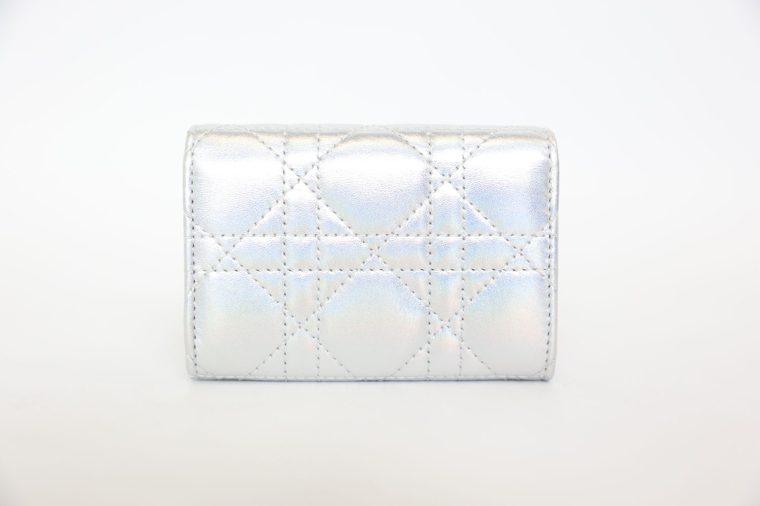 Christian Dior Cannage Wallet, Silver Metallic Grained Calfskin, Preowned in Dustbag WA001