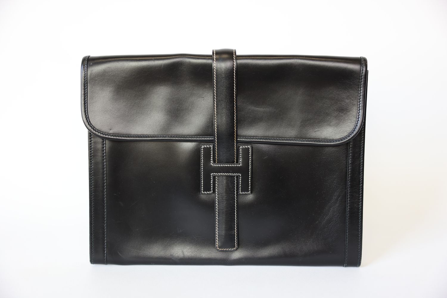 Hermes Clutch Box Calf Jige PM, Black Leather Preowned In Dustbag WA001