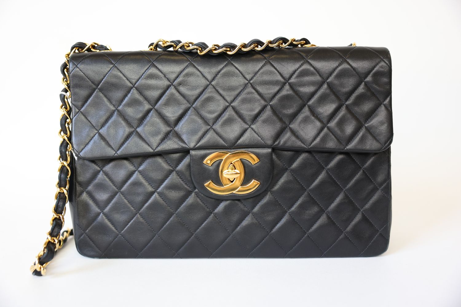 Chanel Vintage Classic Single Flap Maxi, Black Lambskin Leather With Gold Hardware, Preowned In Dustbag WA001