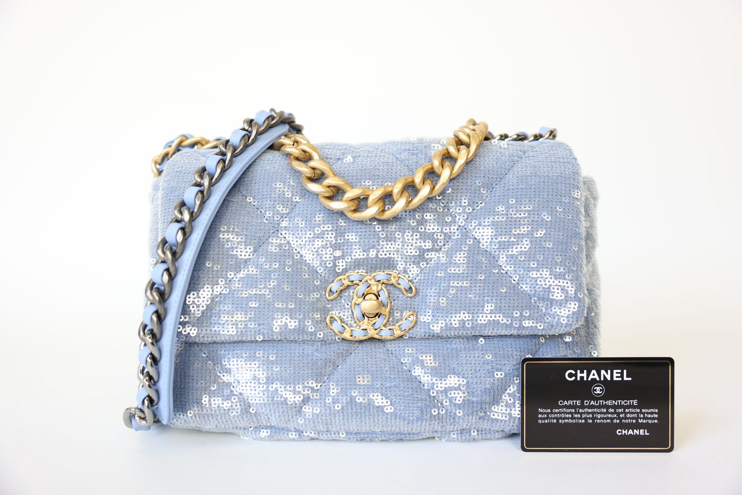 Chanel 19 Medium, Light Blue Sequin Flap With Mixed Hardware, New In Box WA001