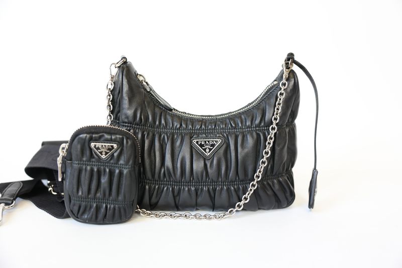 Prada Re-Edition Nappa Gaufre Bag, Black Leather With Silver Hardware, Preowned In Dustbag WA001